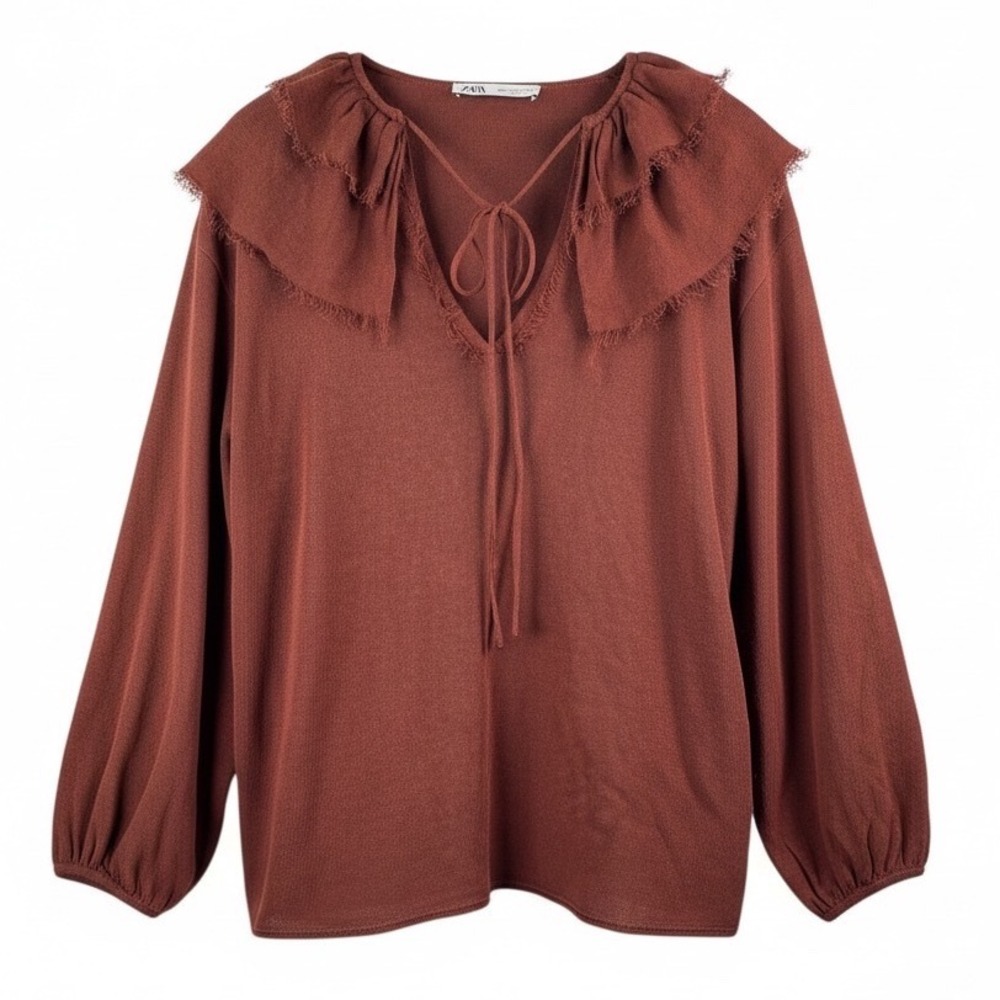 ZARA linen blend Brown Long‎ Sleeve Ruffled Collar Tie Neck Blouse Top sz M